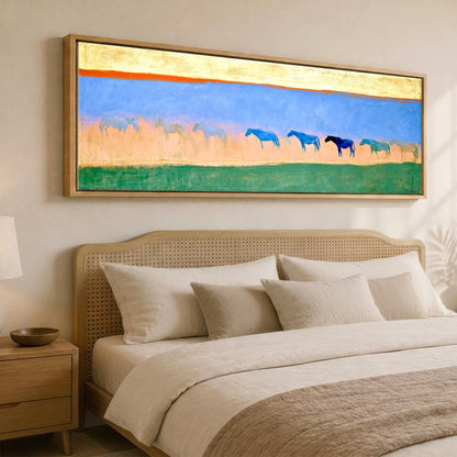 Cobalt Horizon Herd Horse Landscape panoramic canvas wall art displayed above a bed