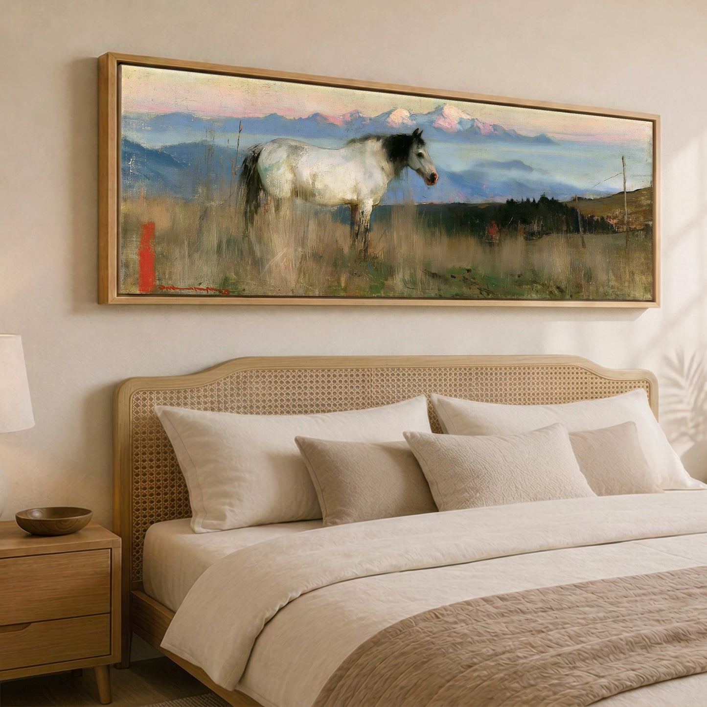 High Country Dawn Horse Landscape panoramic canvas wall art displayed above a bed