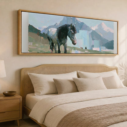 Pastures Beneath the Peaks Horse Landscape panoramic canvas wall art displayed above a bed