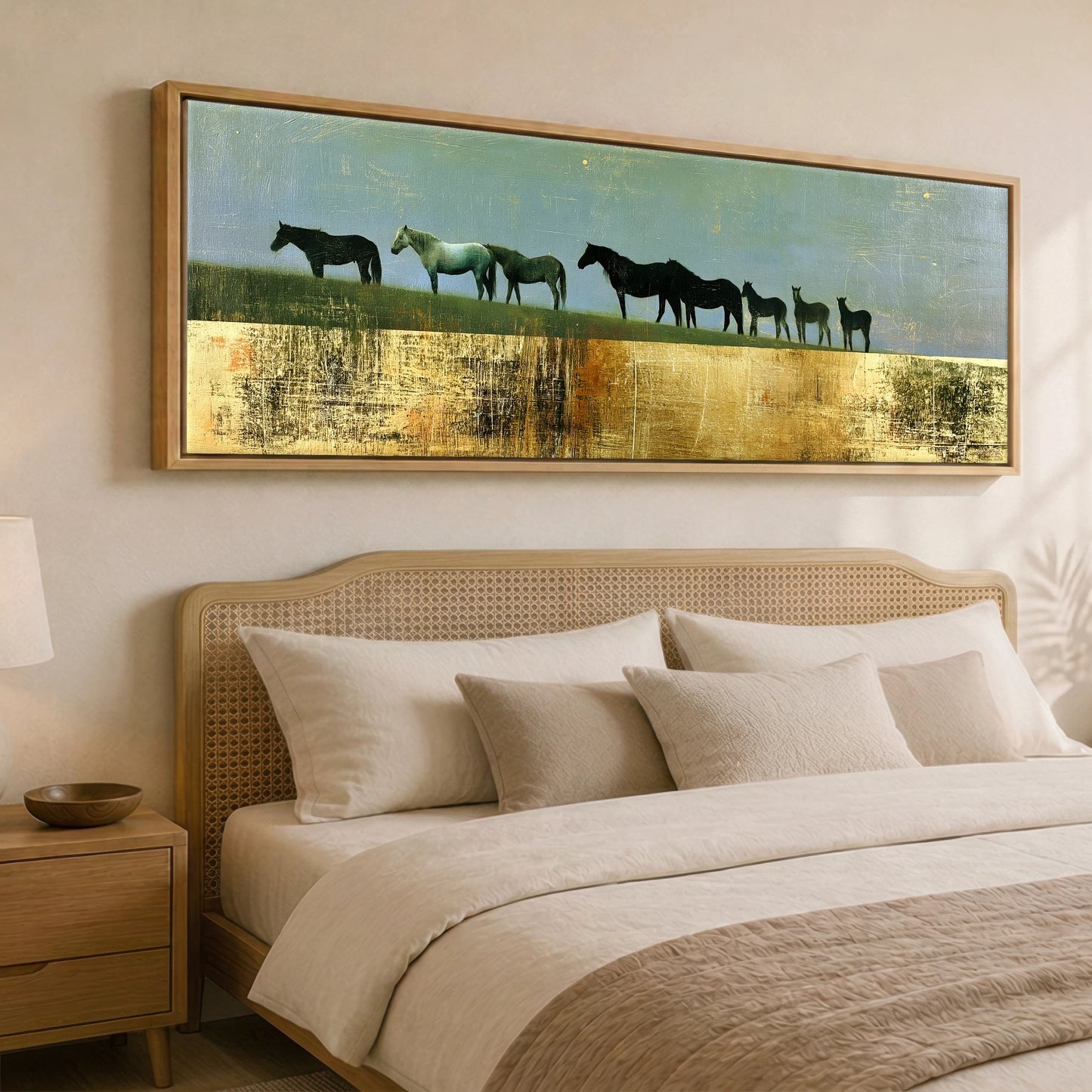 The Gilded Ridge Mare & Foal panoramic canvas wall art displayed above a bed