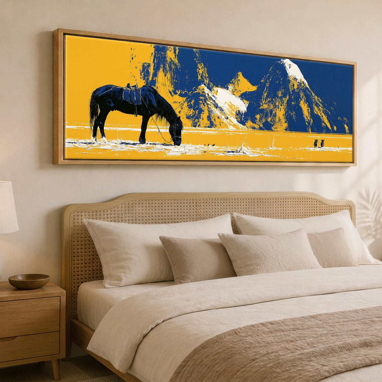 Ochre Plains and Navy Peaks Horse Landscape panoramic canvas wall art displayed above a bed