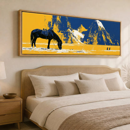 Ochre Plains and Navy Peaks Horse Landscape panoramic canvas wall art displayed above a bed