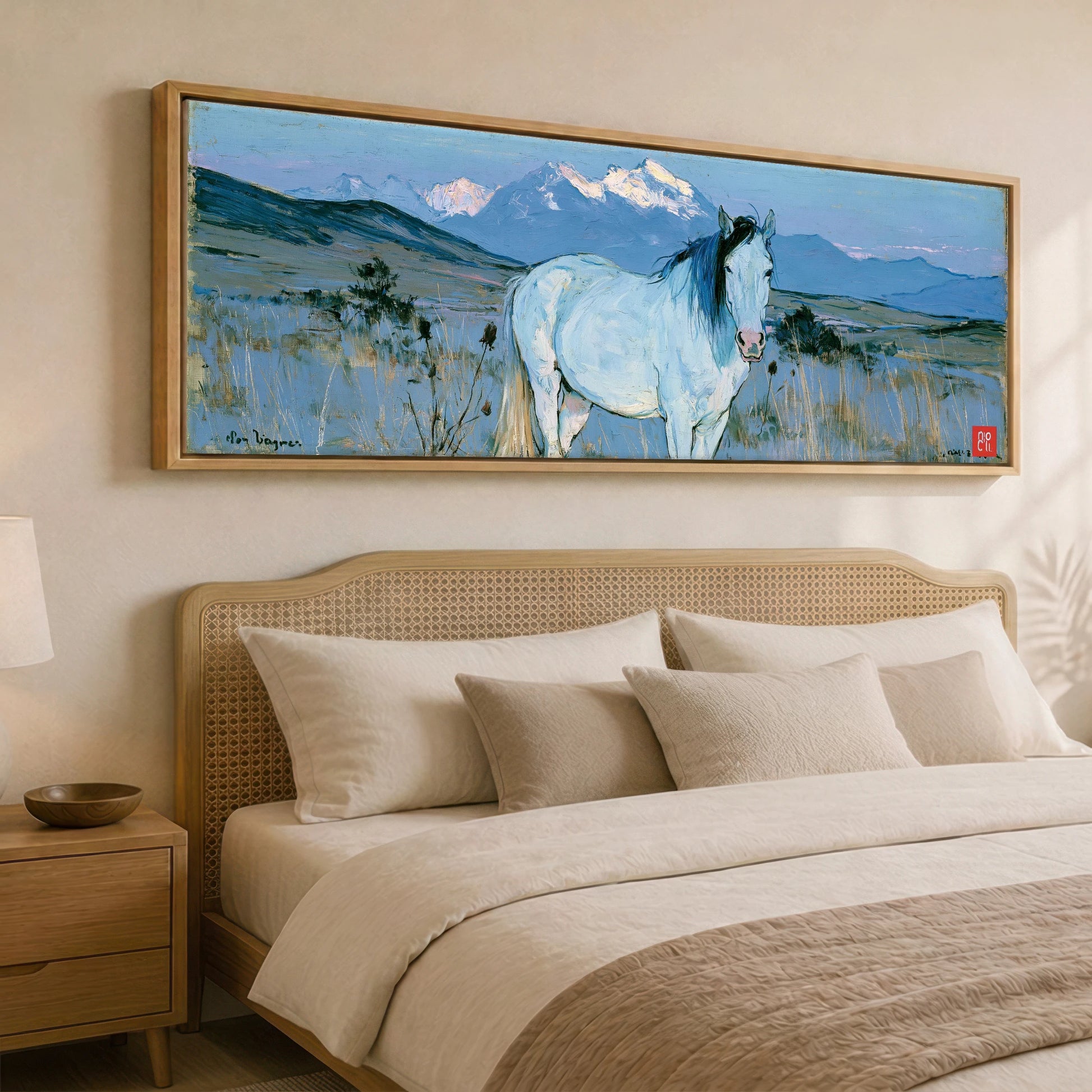 High Country Sentinel Horse Landscape panoramic canvas wall art displayed above a bed