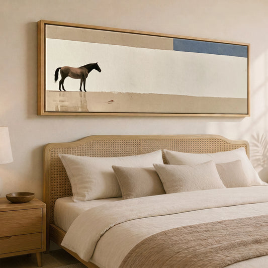 Minimalist Equine Horizon Horse Landscape panoramic canvas wall art displayed above a bed