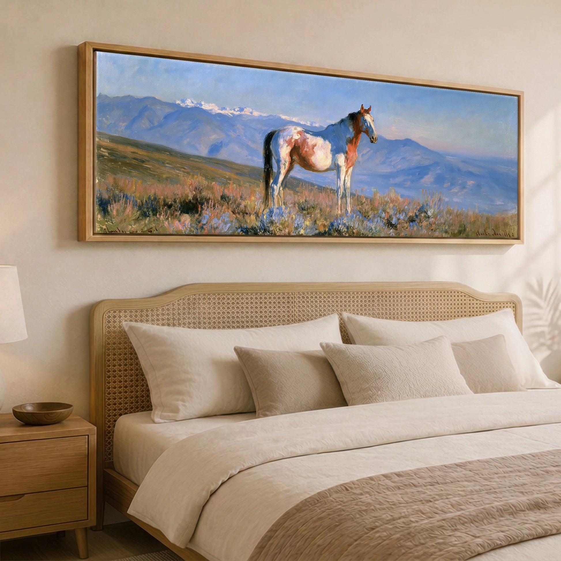 High Country Spirit Horse Landscape panoramic canvas wall art displayed above a bed