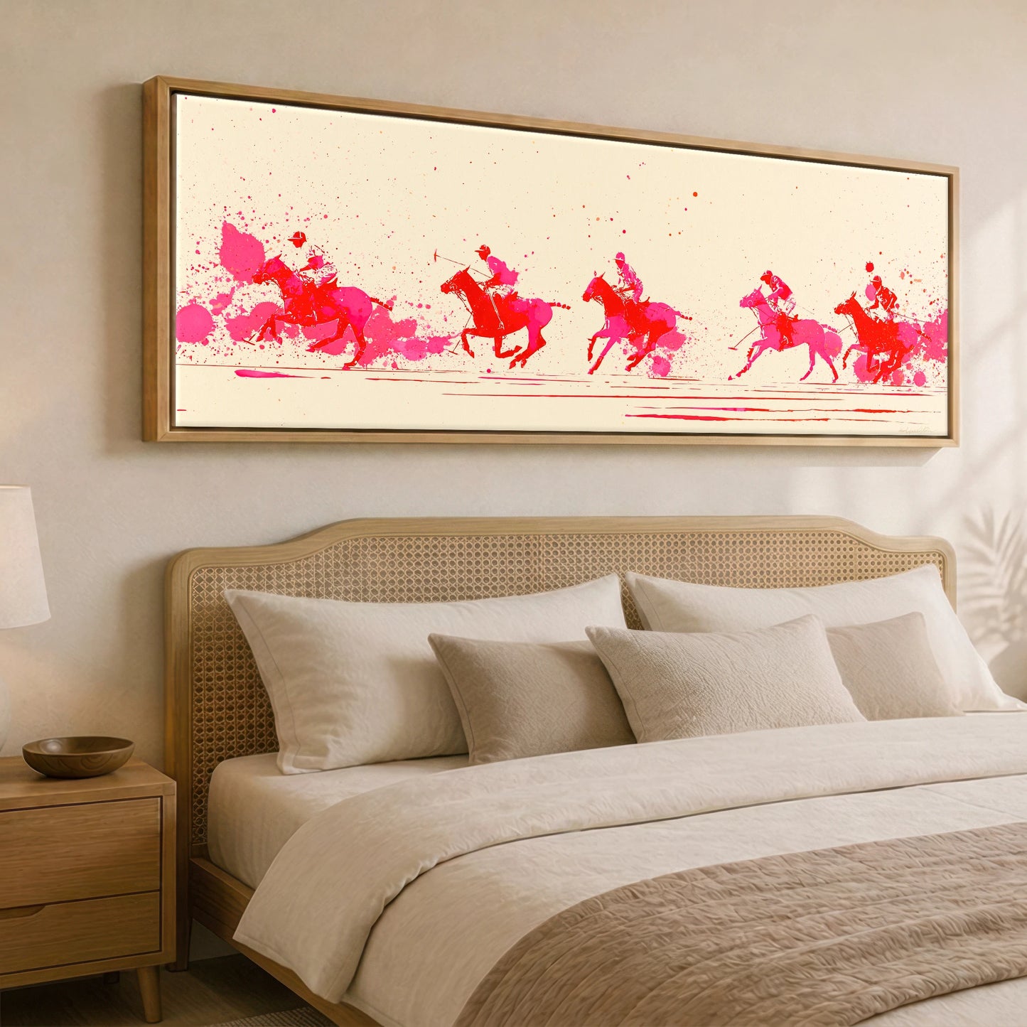 Vivid Polo Pursuit Polo Horse panoramic canvas wall art displayed above a bed