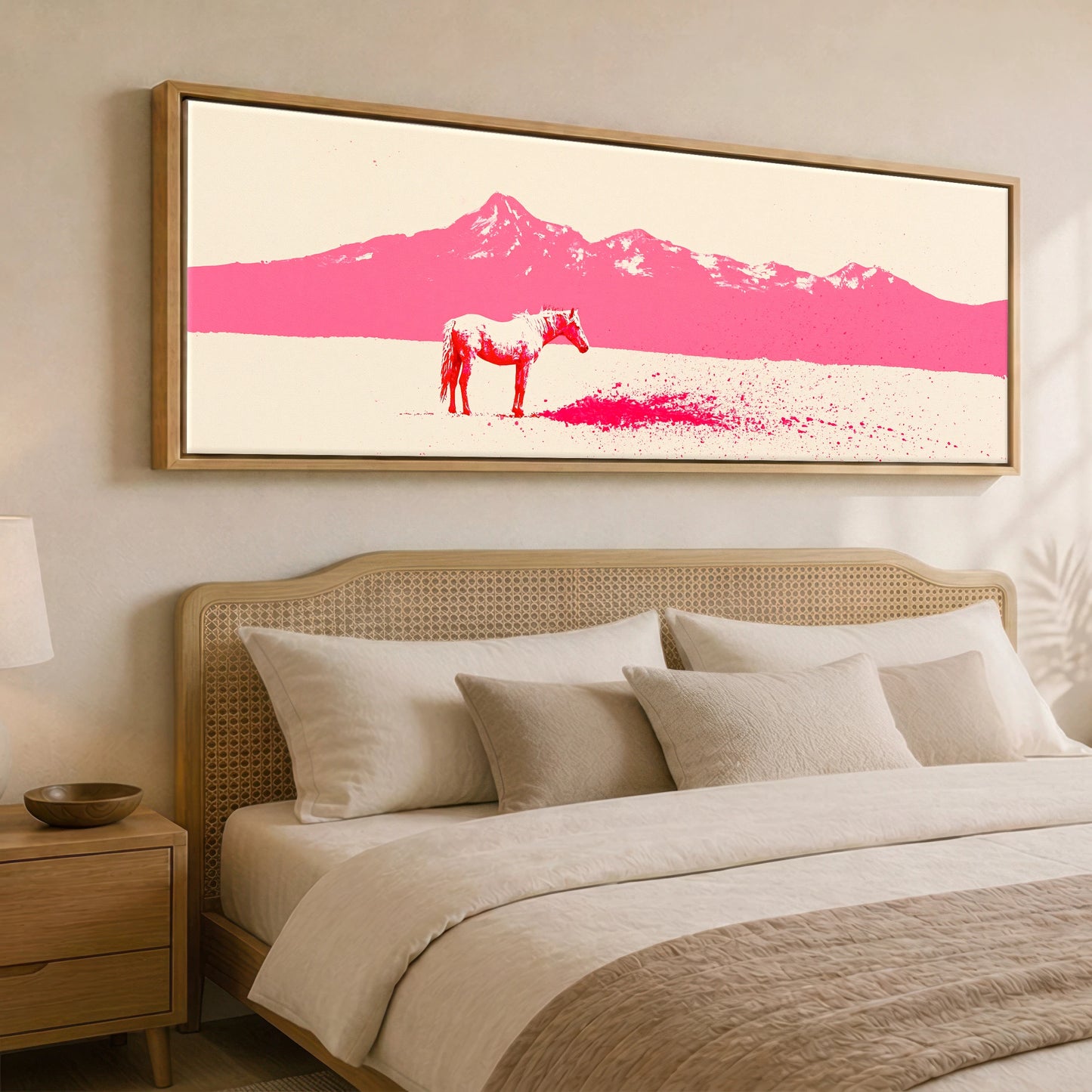Magenta Mountains Horse Landscape panoramic canvas wall art displayed above a bed