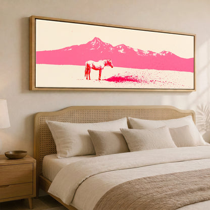 Magenta Mountains Horse Landscape panoramic canvas wall art displayed above a bed