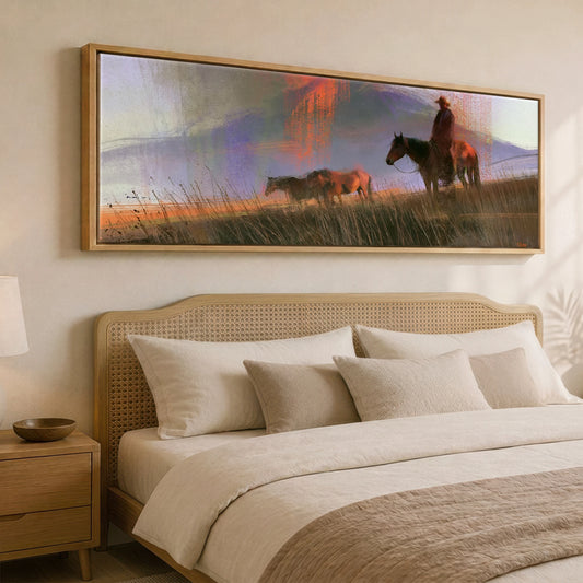 Trail Through Violet Skies Horse Landscape panoramic canvas wall art displayed above a bed