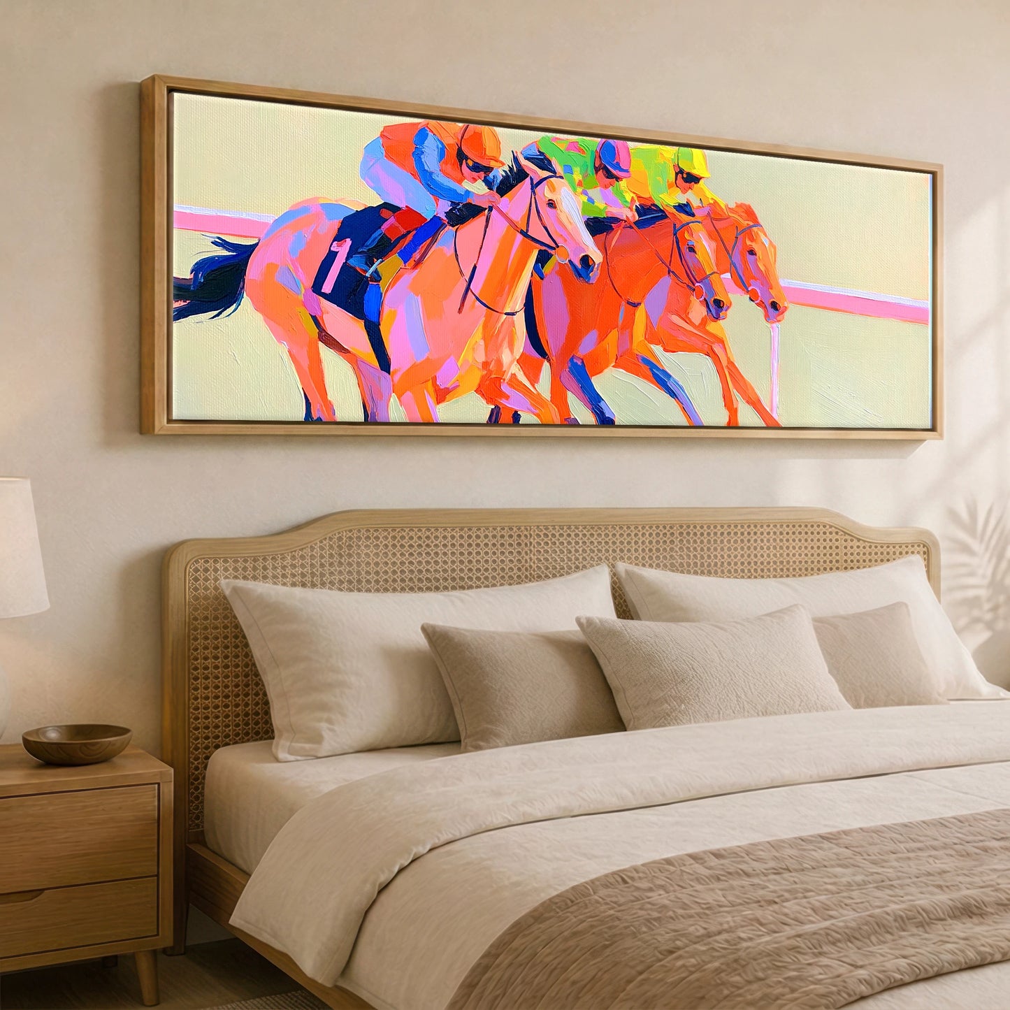 Vivid Finish Line Racing Horse panoramic canvas wall art displayed above a bed