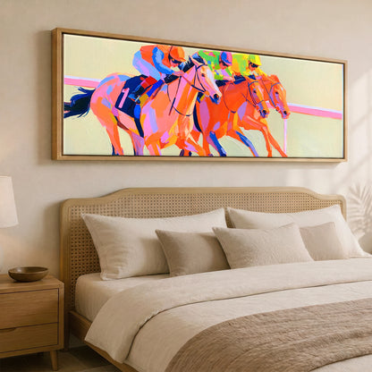 Vivid Finish Line Racing Horse panoramic canvas wall art displayed above a bed