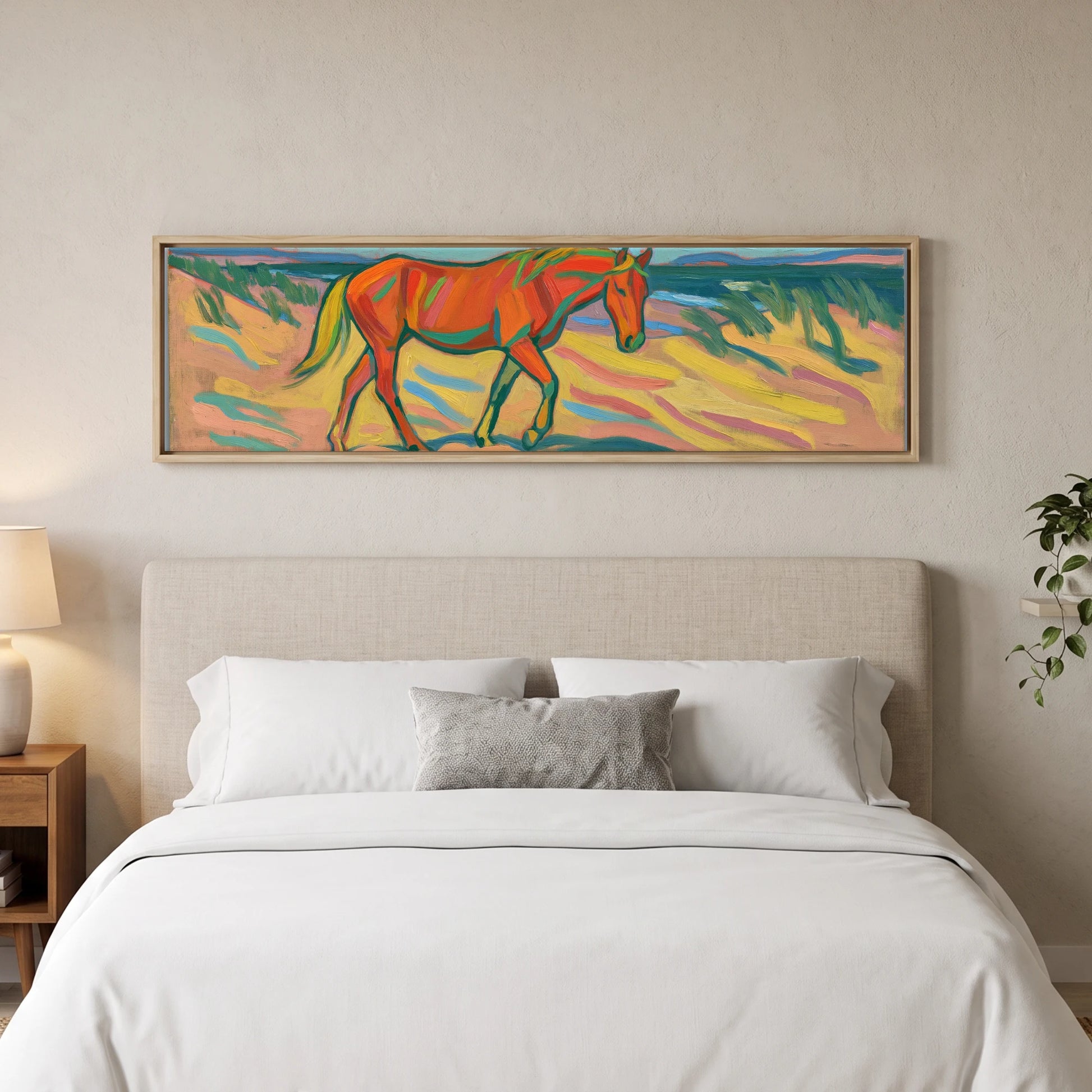 Vivid Coastal Stride Horse Landscape panoramic canvas wall art displayed above a bed