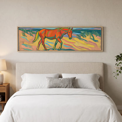 Vivid Coastal Stride Horse Landscape panoramic canvas wall art displayed above a bed