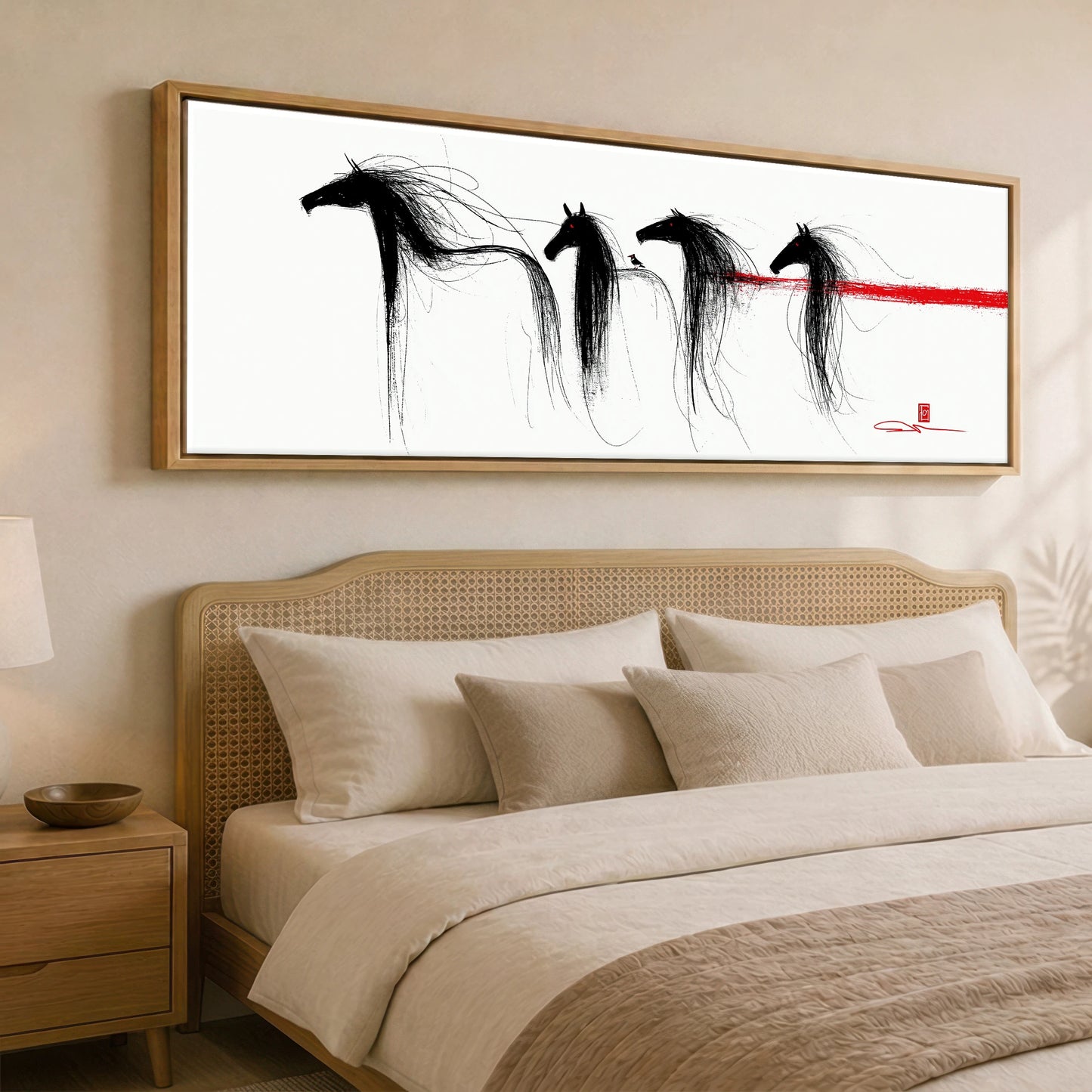 Crimson Streak Equines Wild Horses panoramic canvas wall art displayed above a bed