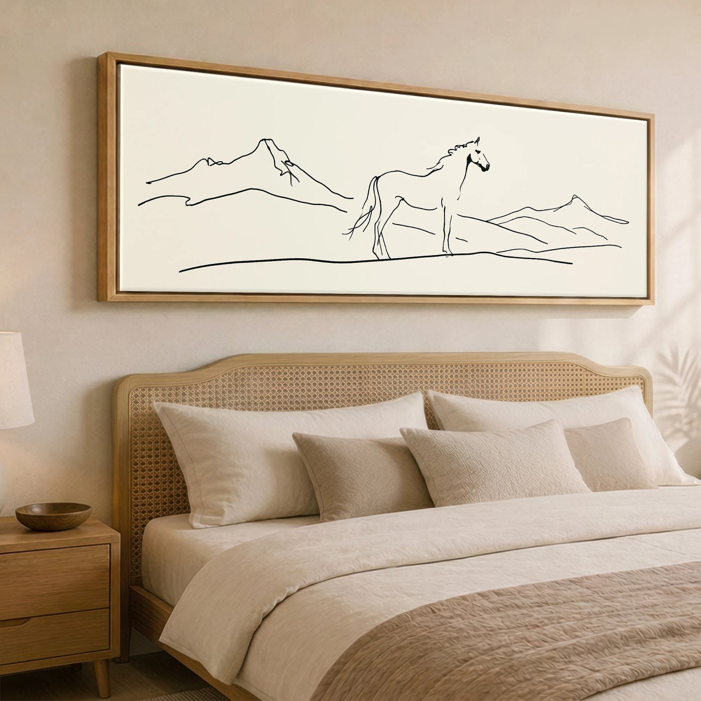 Minimalist Equine Horizon Horse Landscape panoramic canvas wall art displayed above a bed