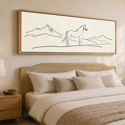 Minimalist Equine Horizon Horse Landscape panoramic canvas wall art displayed above a bed