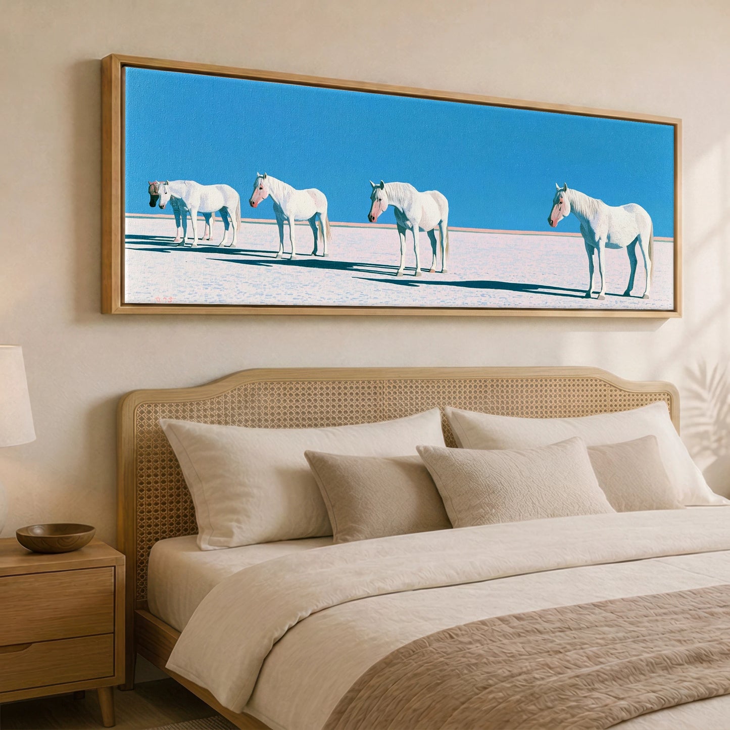 Silent Greys Beneath Azure Horse Landscape panoramic canvas wall art displayed above a bed