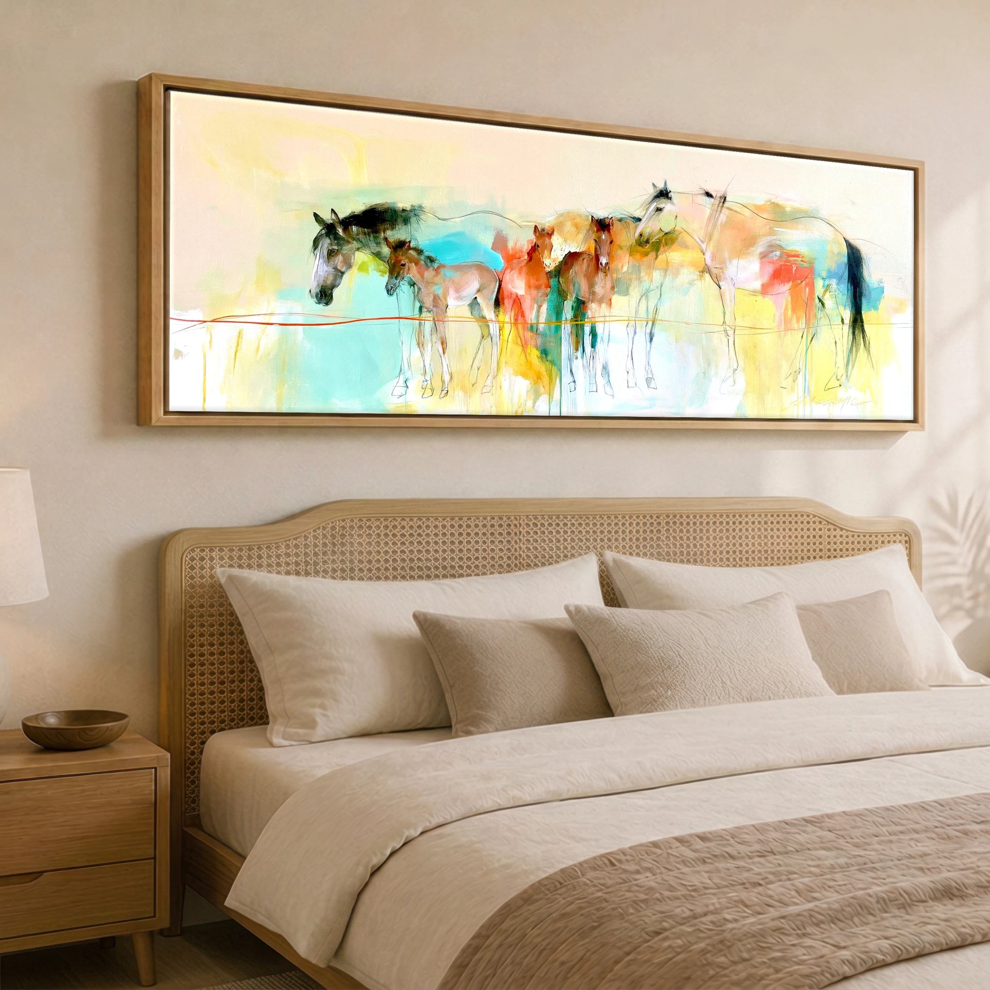 Vibrant Spring Herd Mare & Foal panoramic canvas wall art displayed above a bed