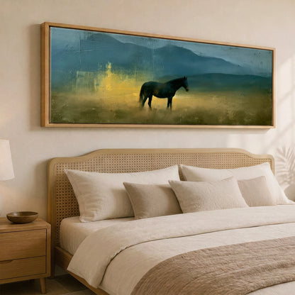 Echoes in Gold Horse Landscape panoramic canvas wall art displayed above a bed