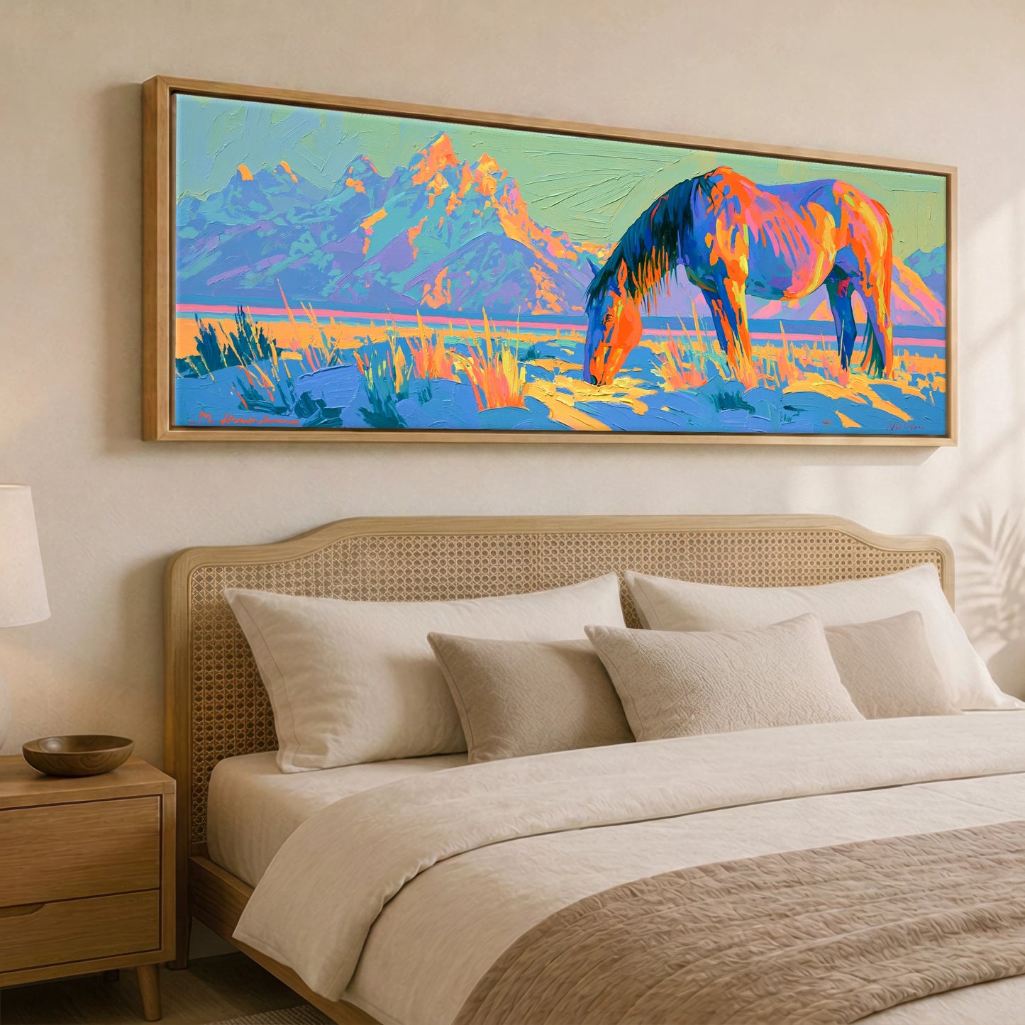 Wild Cobalt Range Horse Landscape panoramic canvas wall art displayed above a bed