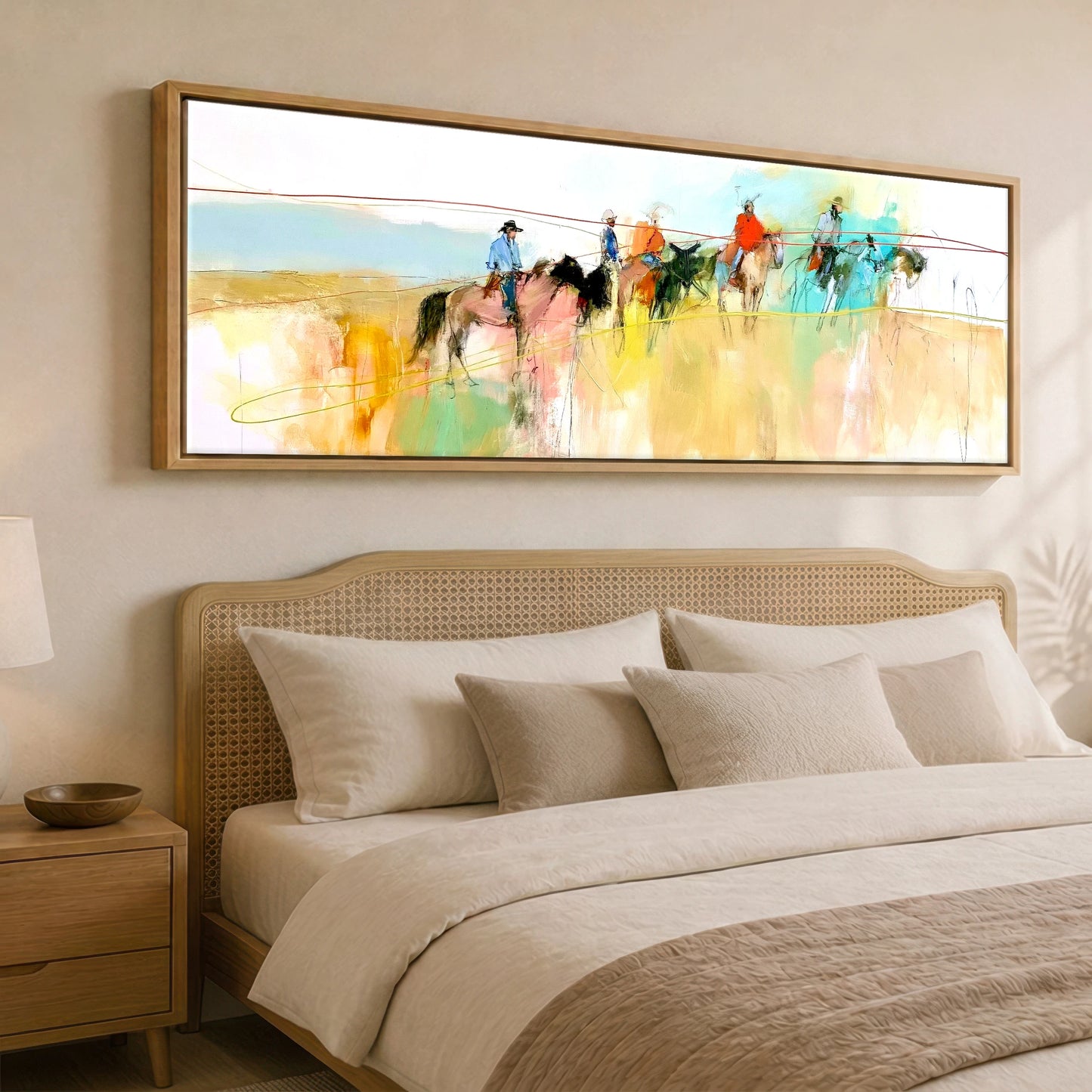 Across the High Plains Horse & Rider panoramic canvas wall art displayed above a bed