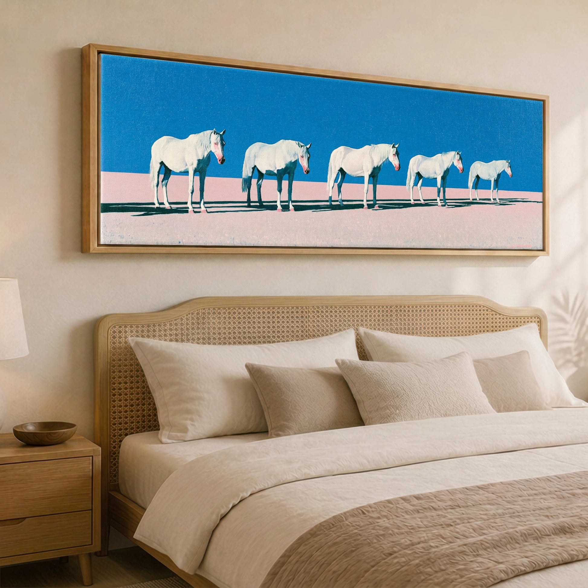 Rhythm in Azure Horse Landscape panoramic canvas wall art displayed above a bed