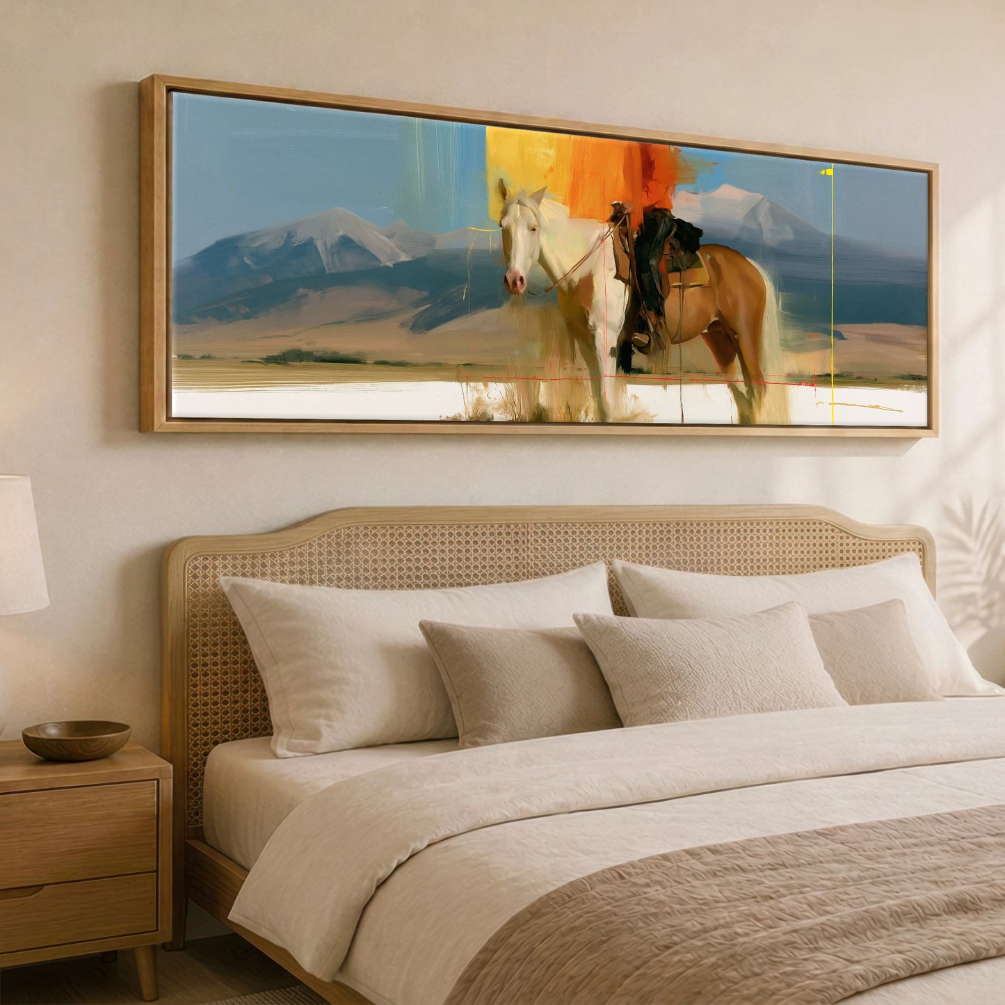 Abstract Western Horizon Horse Landscape panoramic canvas wall art displayed above a bed