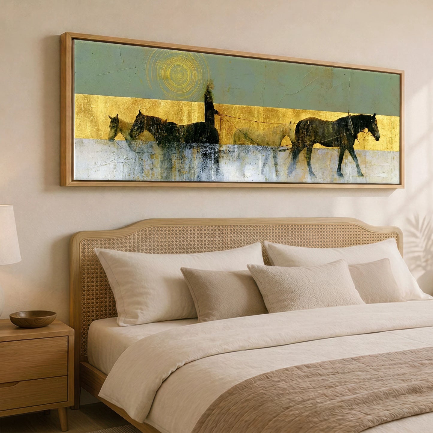 The Gilded String Working Horse panoramic canvas wall art displayed above a bed
