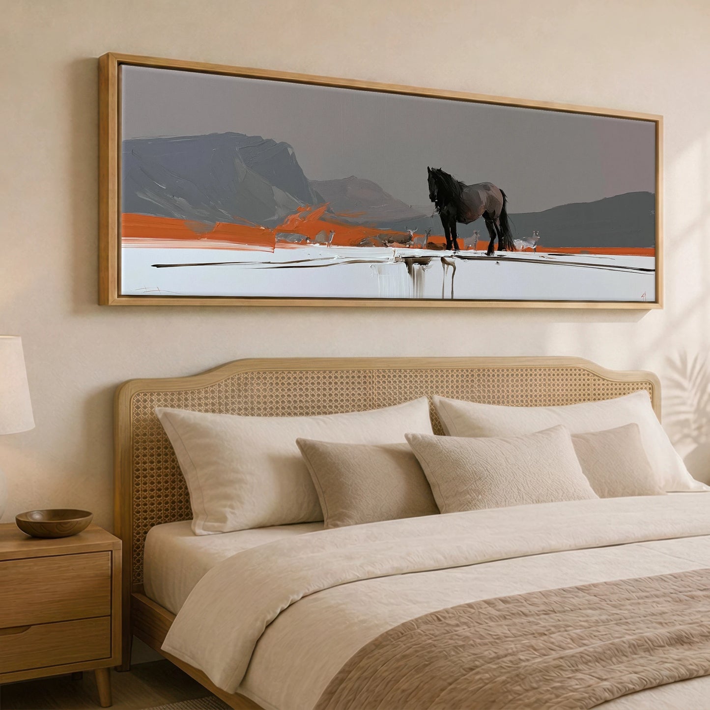 The Vivid Expanse Horse Landscape panoramic canvas wall art displayed above a bed