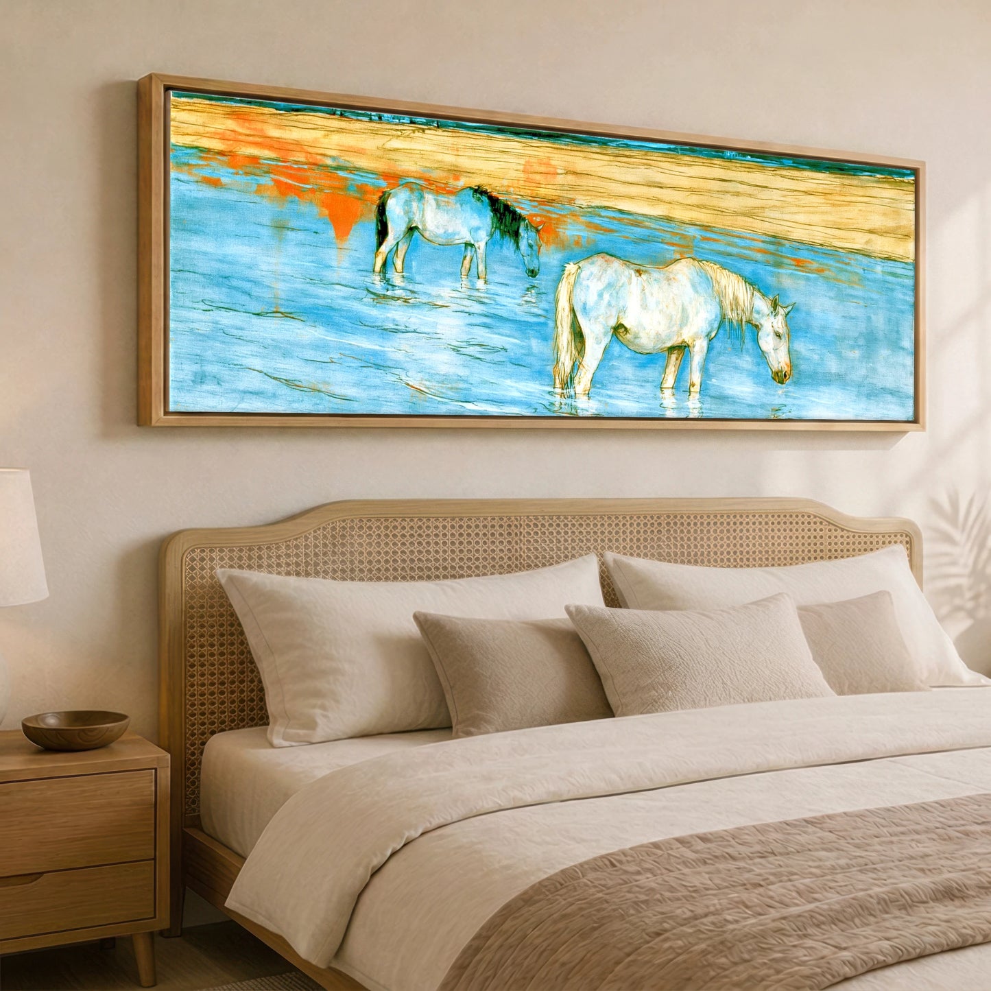 Cerulean Shoreline Greys Beach Horse panoramic canvas wall art displayed above a bed