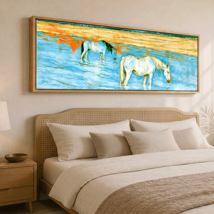 Cerulean Shoreline Greys Beach Horse panoramic canvas wall art displayed above a bed