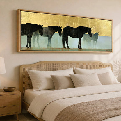 Gilded Equine Shadows Horse Landscape panoramic canvas wall art displayed above a bed