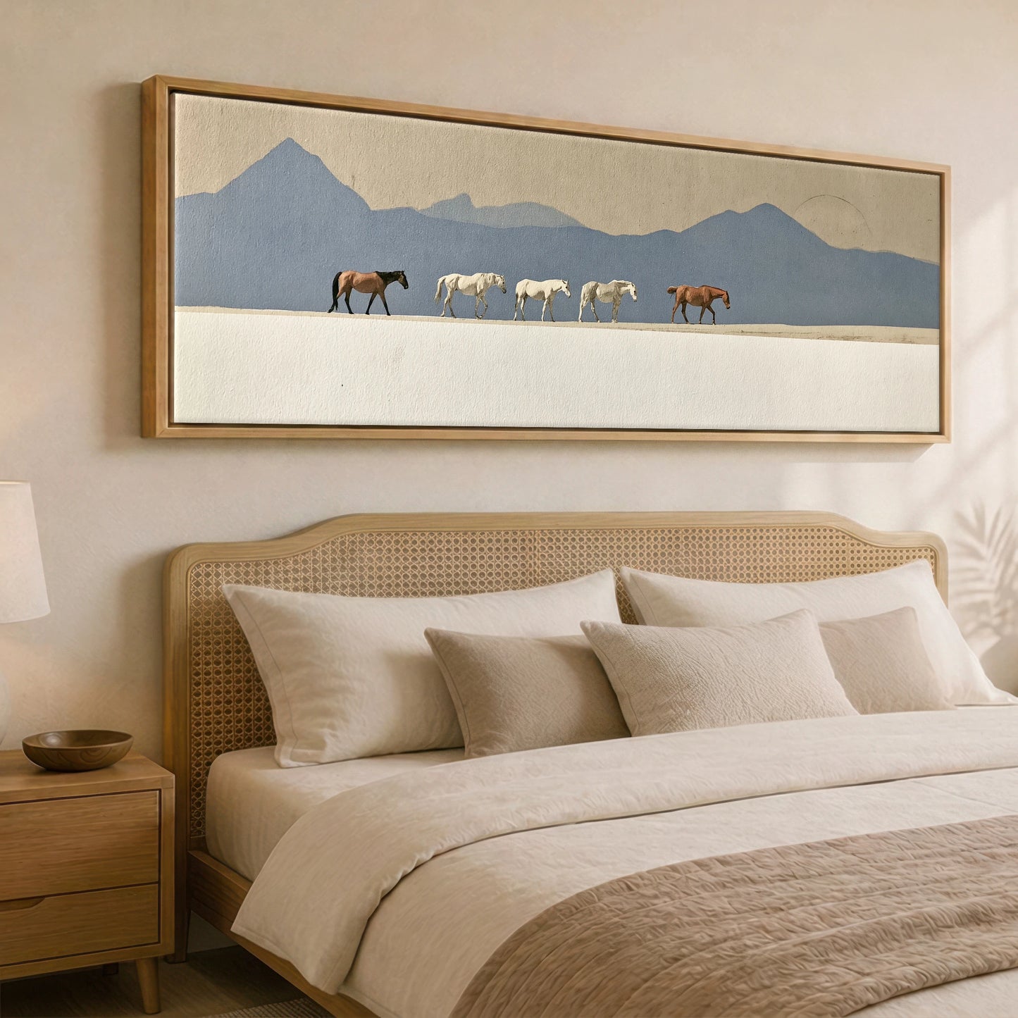 Journey Beneath Azure Peaks Horse Landscape panoramic canvas wall art displayed above a bed