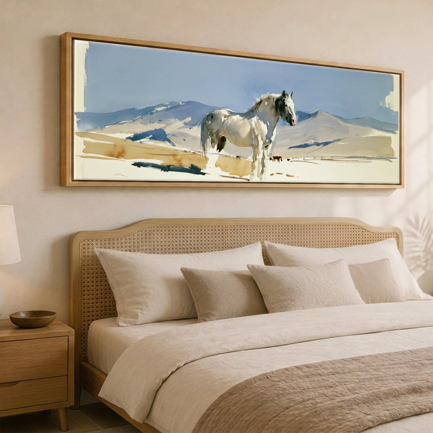 Stillness on the Range Horse Landscape panoramic canvas wall art displayed above a bed