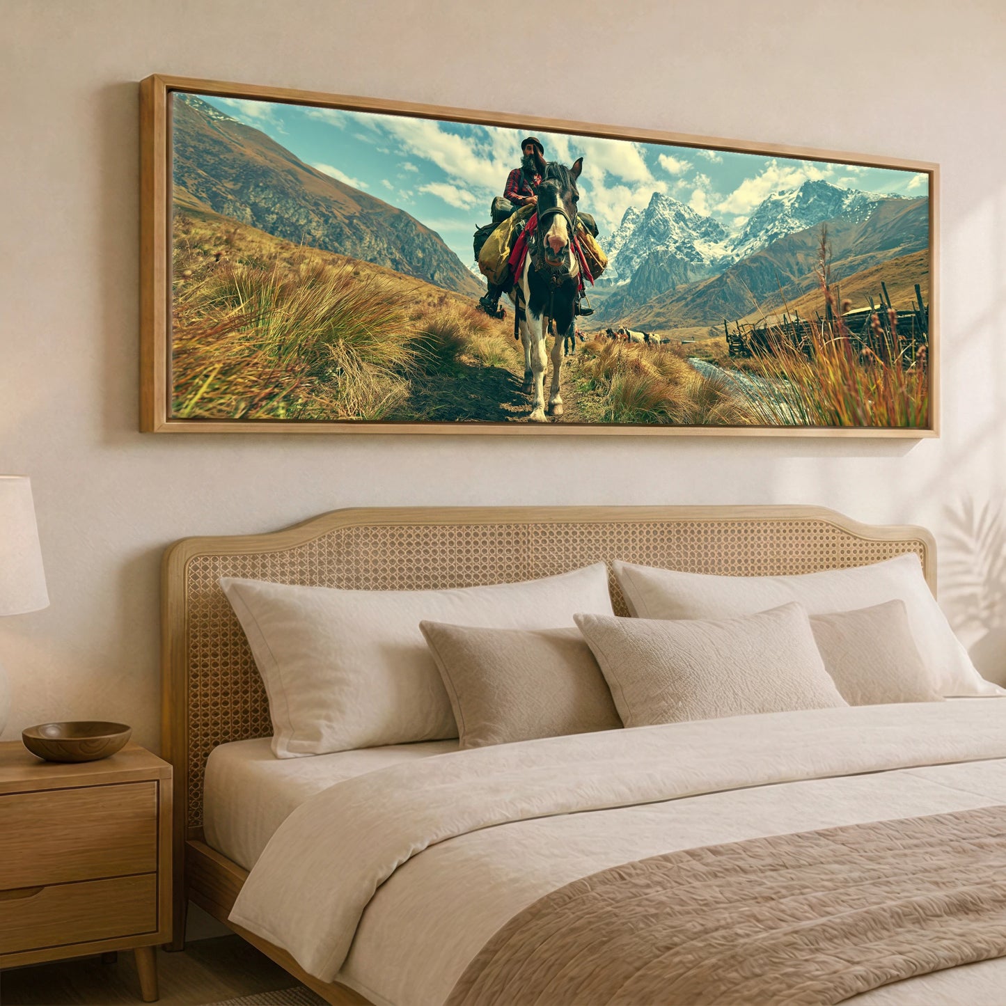 The High Pass Horse Landscape panoramic canvas wall art displayed above a bed