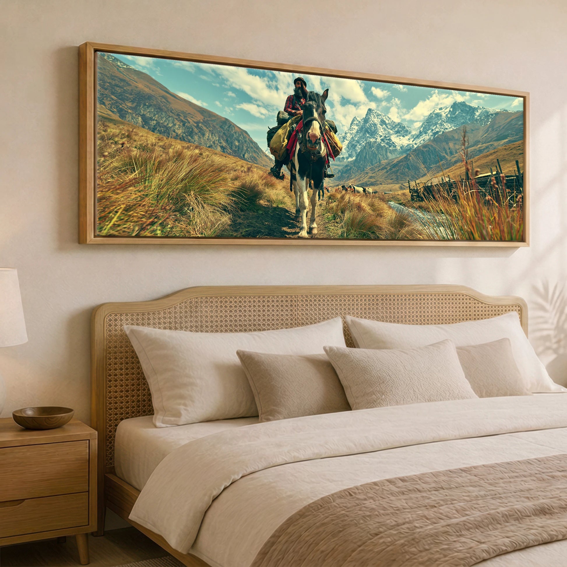 The High Pass Horse Landscape panoramic canvas wall art displayed above a bed