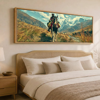 The High Pass Horse Landscape panoramic canvas wall art displayed above a bed