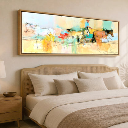 The Painted Drive Working Horse panoramic canvas wall art displayed above a bed