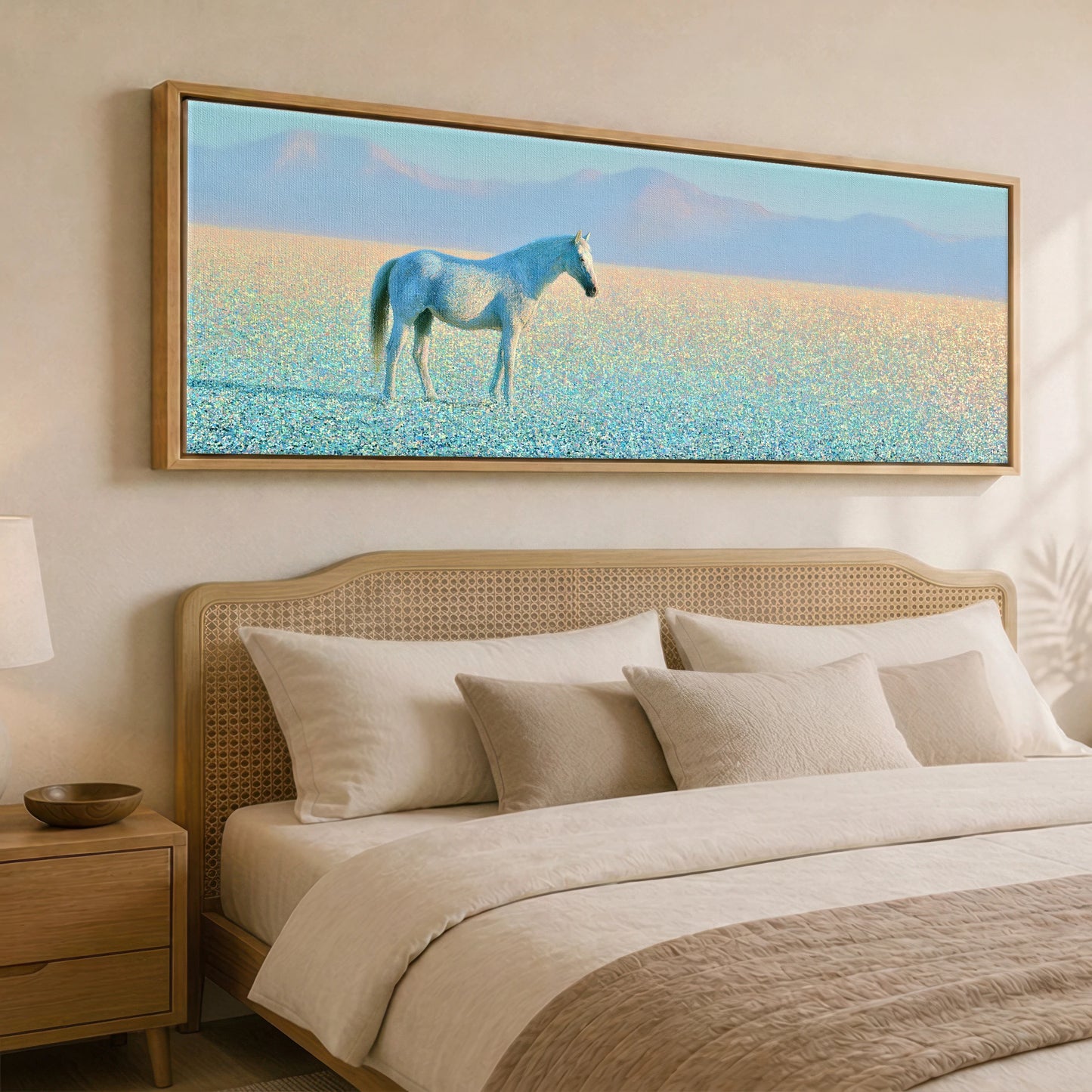 Shimmering Solitude Horse Landscape panoramic canvas wall art displayed above a bed