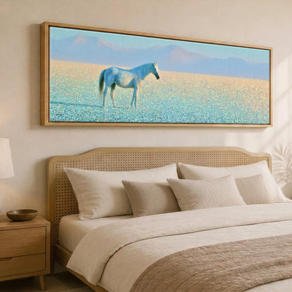 Shimmering Solitude Horse Landscape panoramic canvas wall art displayed above a bed