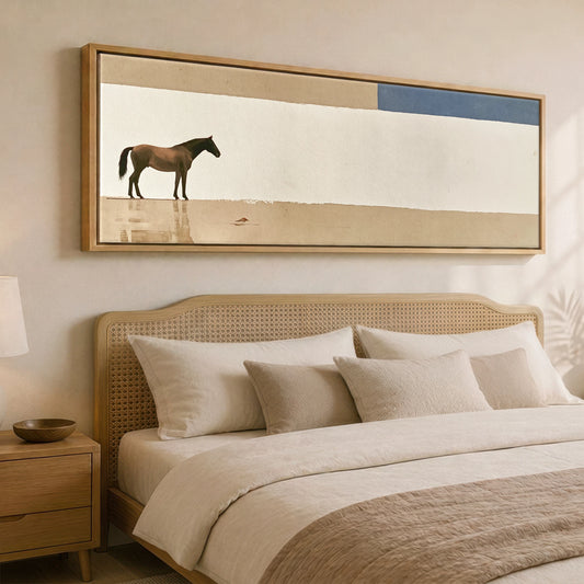 Minimalist Equine Horizon Horse Landscape panoramic canvas wall art displayed above a bed