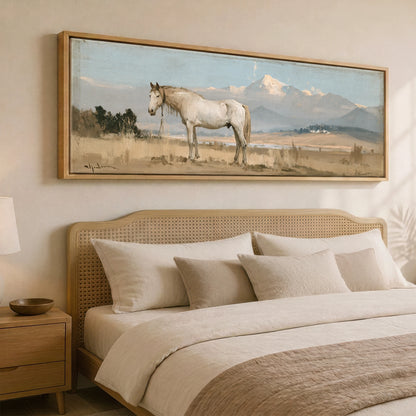 High Country Stillness Horse Landscape panoramic canvas wall art displayed above a bed