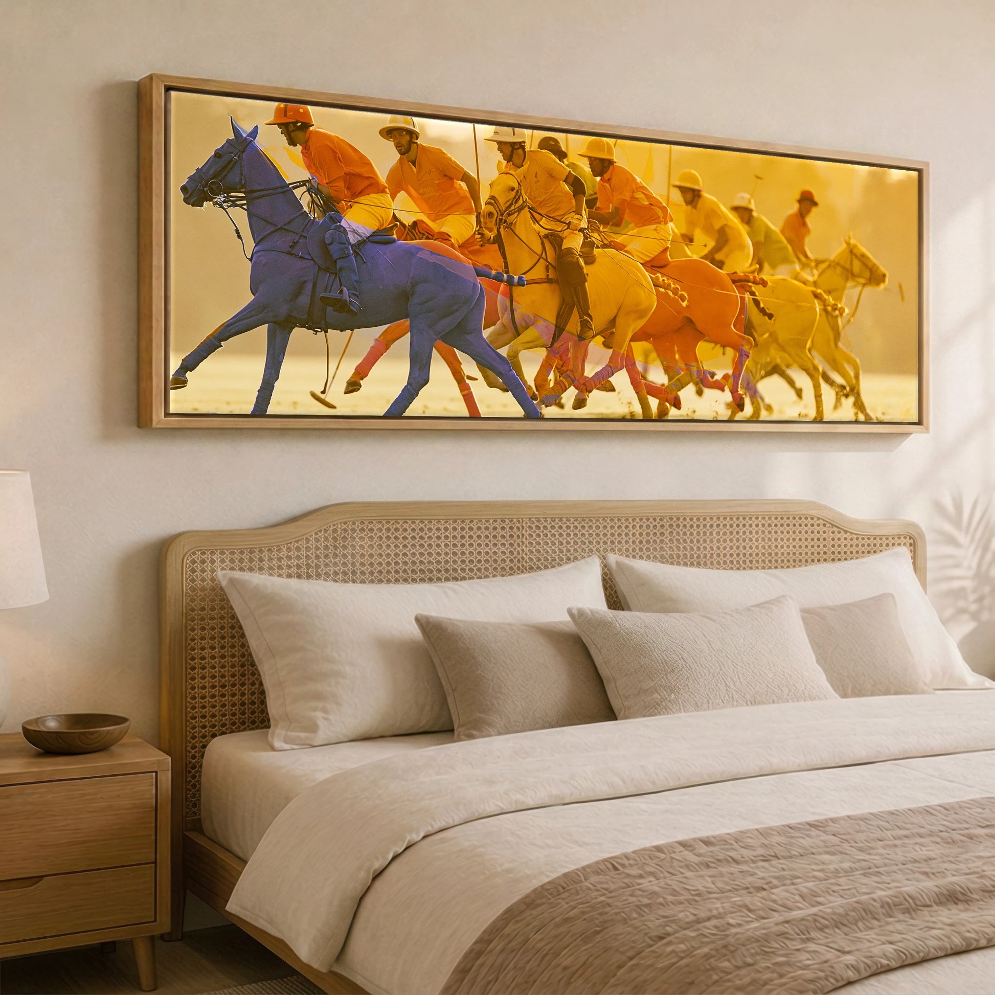 The Cobalt Charge Polo Horse panoramic canvas wall art displayed above a bed