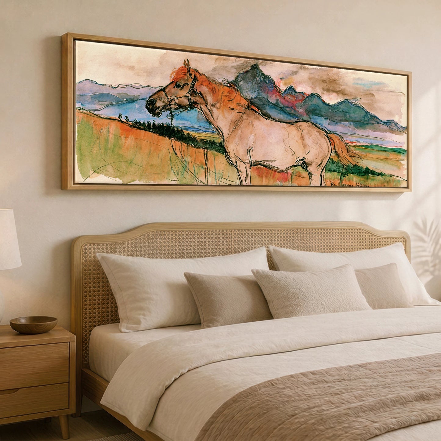 Mountain Spirit in Ochre Horse Landscape panoramic canvas wall art displayed above a bed