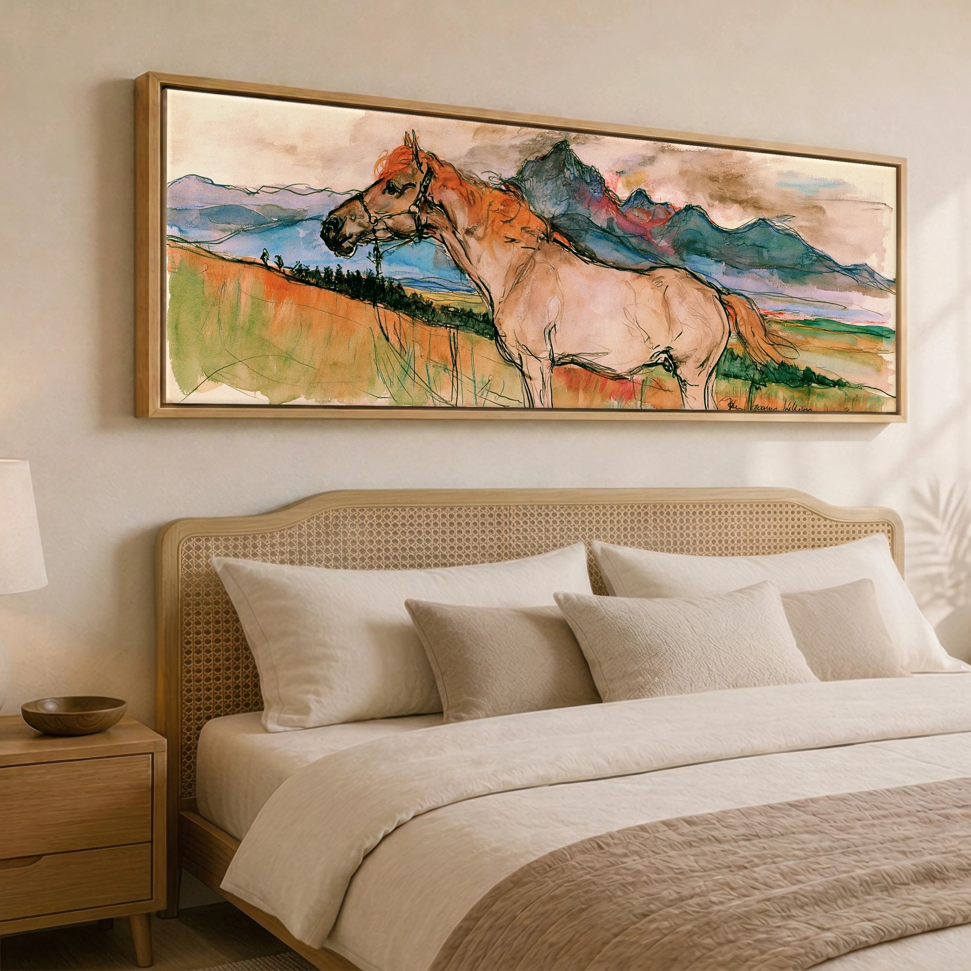 Mountain Spirit in Ochre Horse Landscape panoramic canvas wall art displayed above a bed