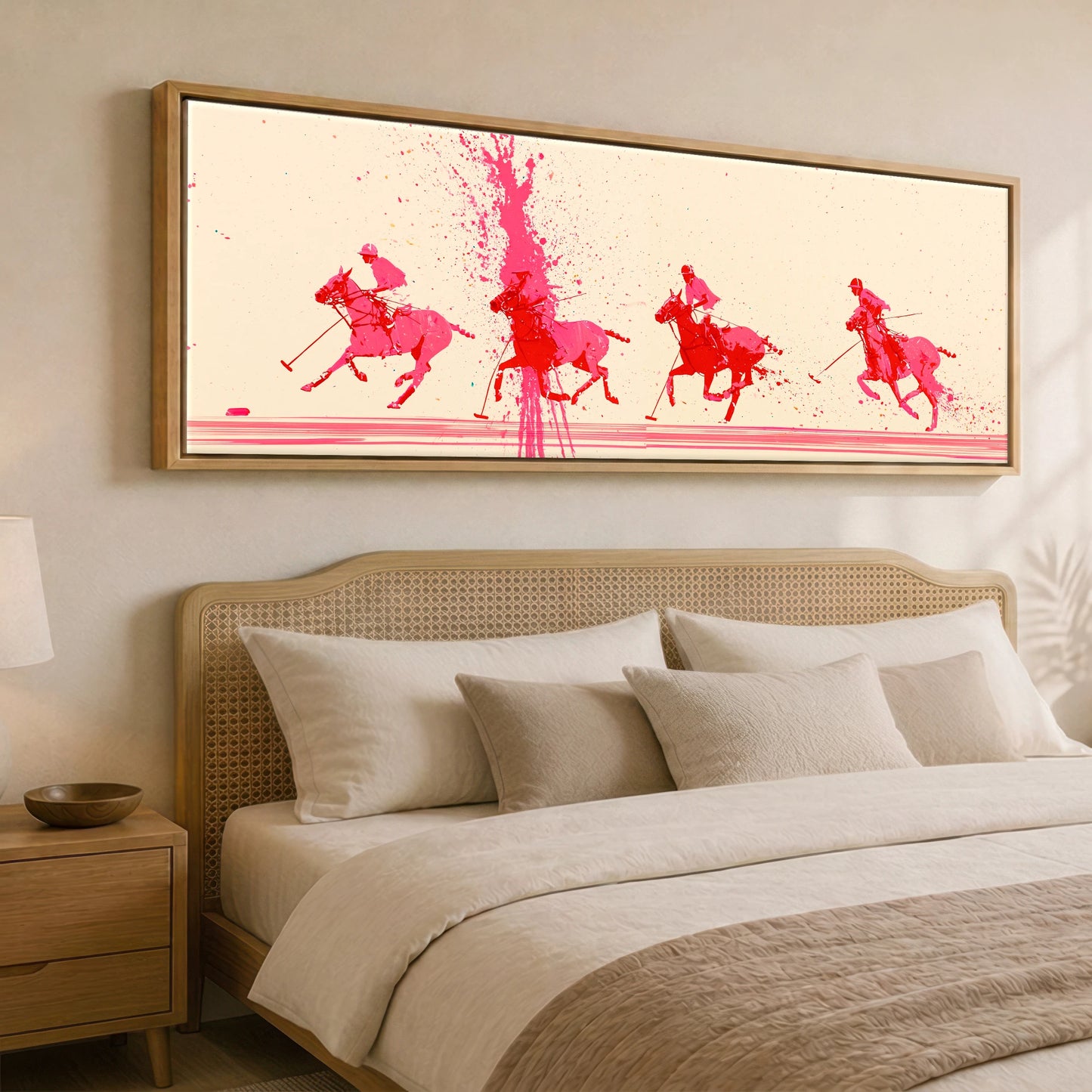 Magenta Polo Rush Polo Horse panoramic canvas wall art displayed above a bed