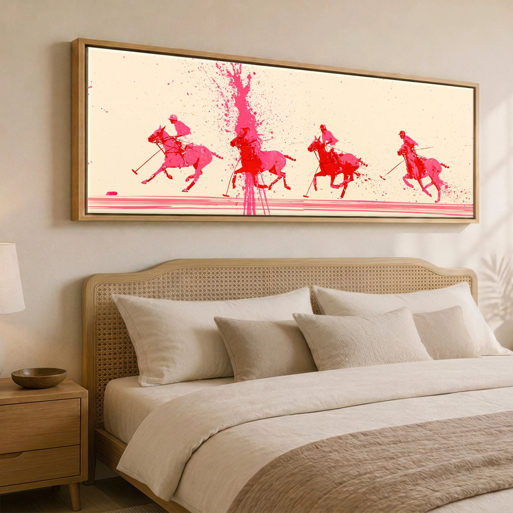 Magenta Polo Rush Polo Horse panoramic canvas wall art displayed above a bed