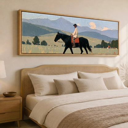 Across the Blue Ranges Horse Landscape panoramic canvas wall art displayed above a bed