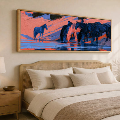 Indigo and Coral Herd Wild Horses panoramic canvas wall art displayed above a bed