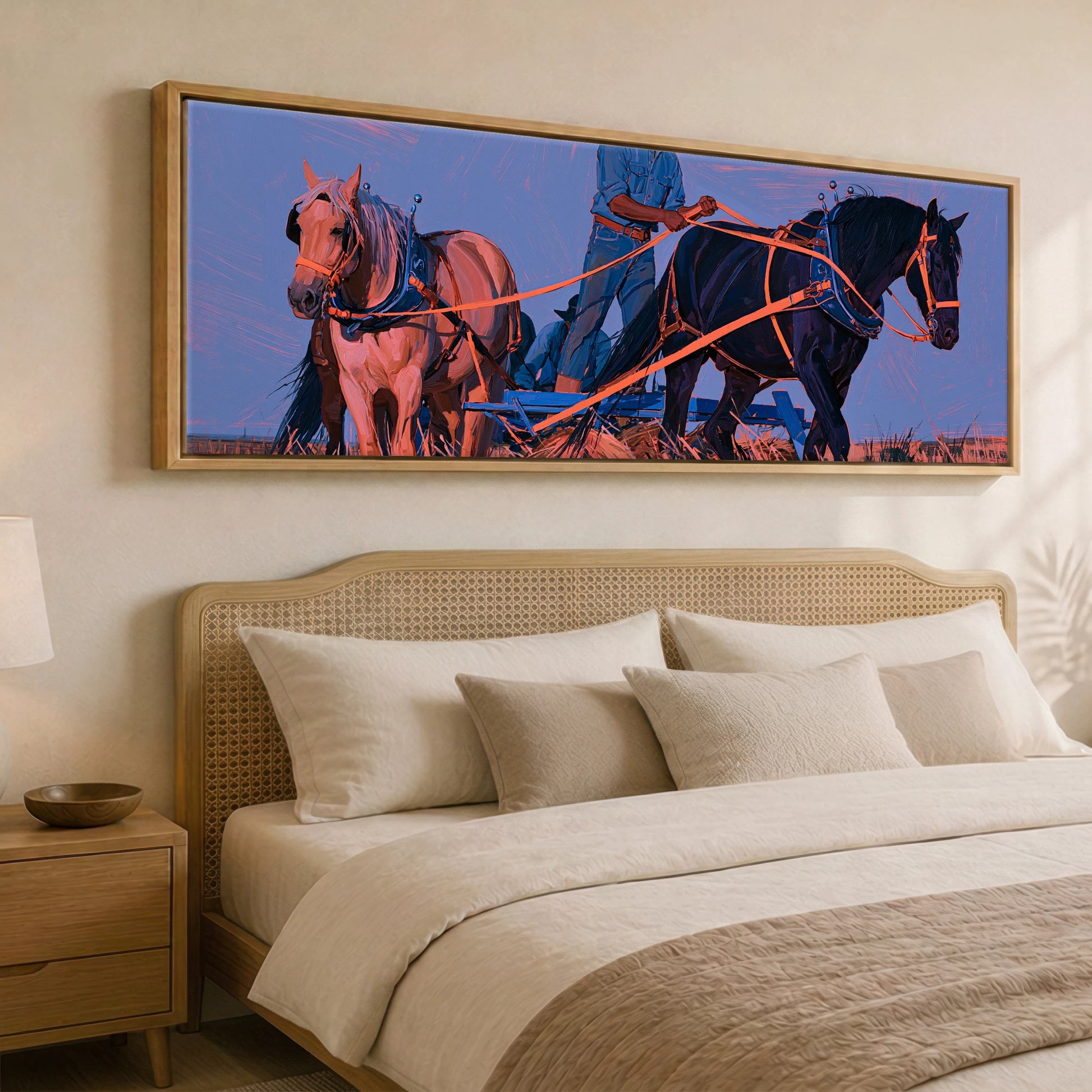 Twilight Draught Team Working Horse panoramic canvas wall art displayed above a bed